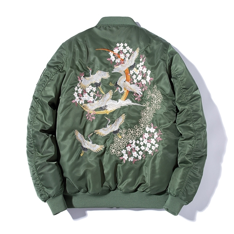 Embroidery Bomber Jacket Men Thin Bird Floral Pilot Jacket Male Japan Harajuku Baseball Jacket Spring Autumn Streetwear 201127