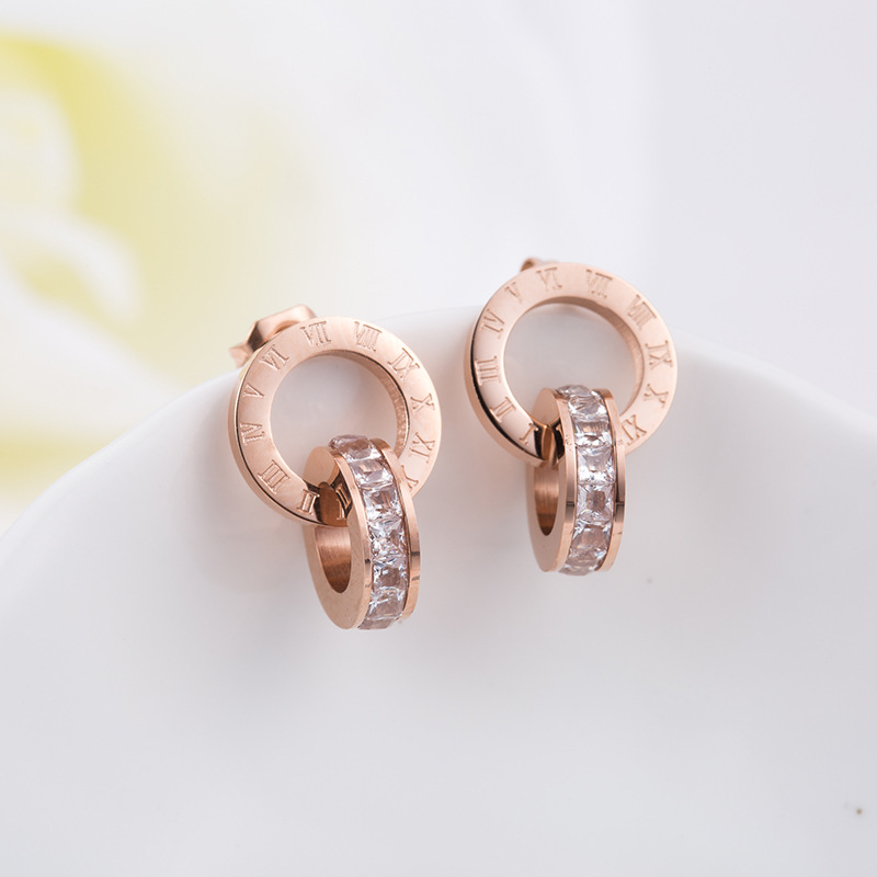 New Trendy Double Circle Roman Numerals Diamond Stud Charm Earrings Stainless Steel Earring