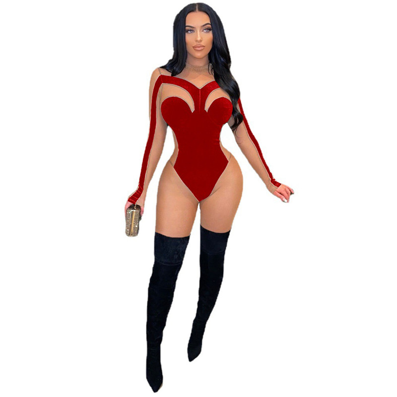 Fall Winter Velvet Jumpsuits Women Velour Mesh Rompers Long Sleeve Jumpers Sheer Casual Bodycon Bodysuit Sexy Night Club Wear Wholesale Items 6922