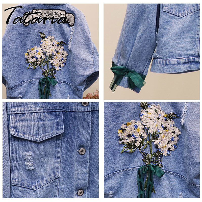 Women Embroidery Flowers Denim Jacket Turndown Collar Jean Jacket for Women Loose Casual Ripped Holes Jean Coat Female Outwear 201112