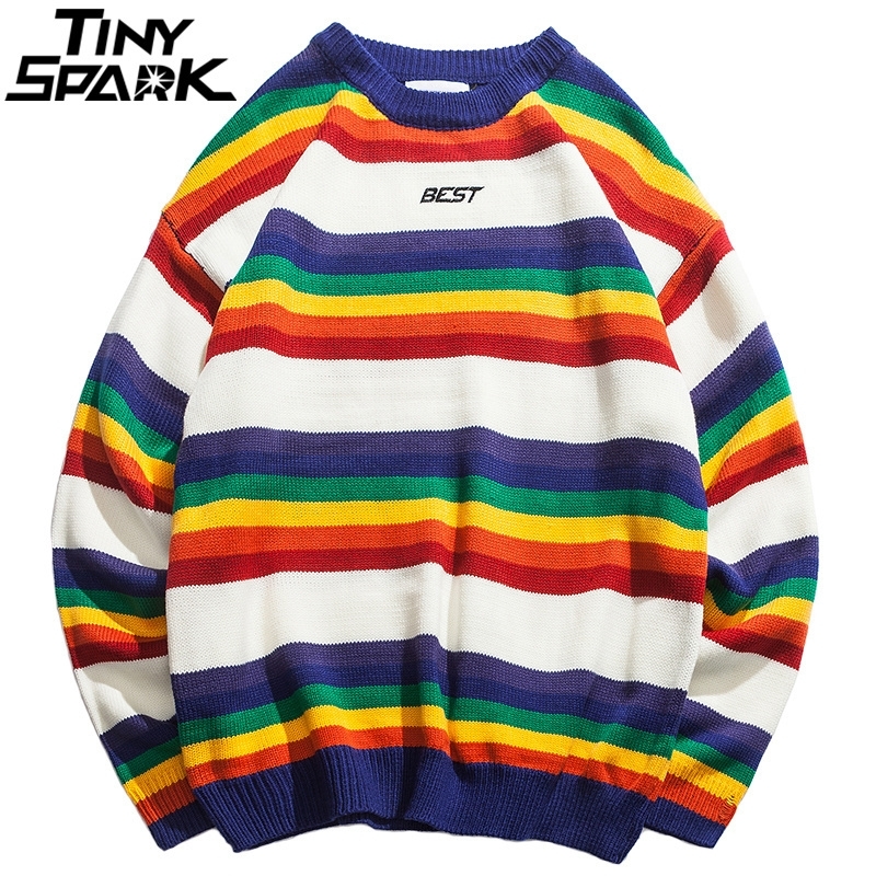 Harajuku Retro Rainbow Knitted Striped Sweater Mens Hip Hop Pullover Sweater Streetwear Male Fashion Autumn Sweater Cotton 201118