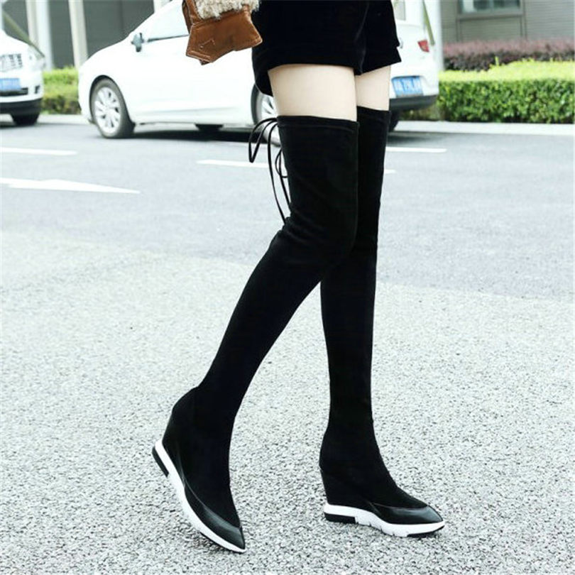 Hot Sale-Thigh High Boots Women Black Genuine Leather Over The Knee High Riding Booties Wedges Heel Tall Shaft Pumps
