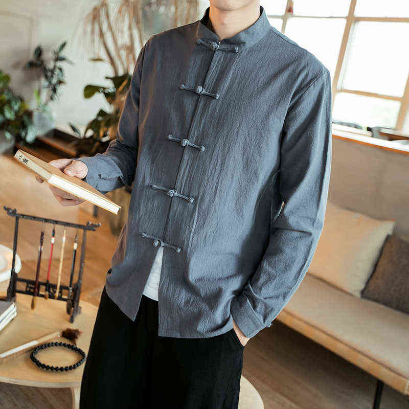 Chinese Style Shirt Men Cotton Linen Vintage Casual Chemise Men Long Sleeve Cotton Linen Chinese Style Shirts Kung Fu Tai Chi Ta G0105