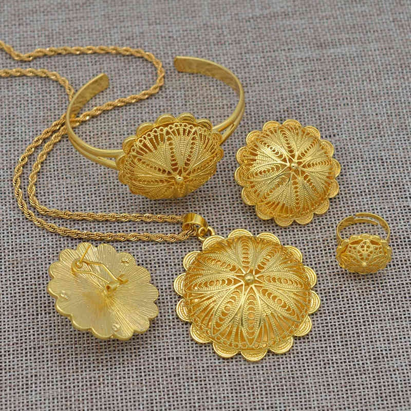 Anniyo Ethiopian Jewelry sets Pendant Necklaces Earrings Ring Bangles for Womens Gold Color Eritrean African Bride Gifts #207506 220105
