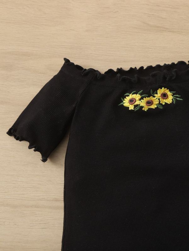 Baby Floral Embroidery Lettuce Trim Off Shoulder Dress SHE