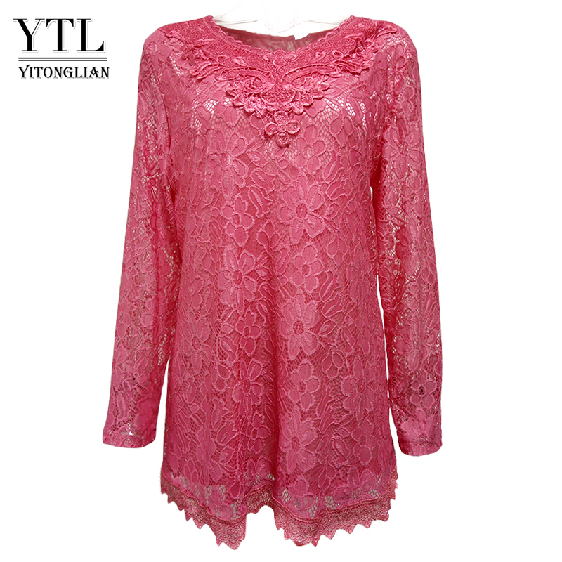 YTL Women Plus Size Retro Solid Pink Floral Lace Blouse Long Sleeve V Neck Crochet Tunic Top Ladies Shirts Tee 6XL 7XL 8XL T200321