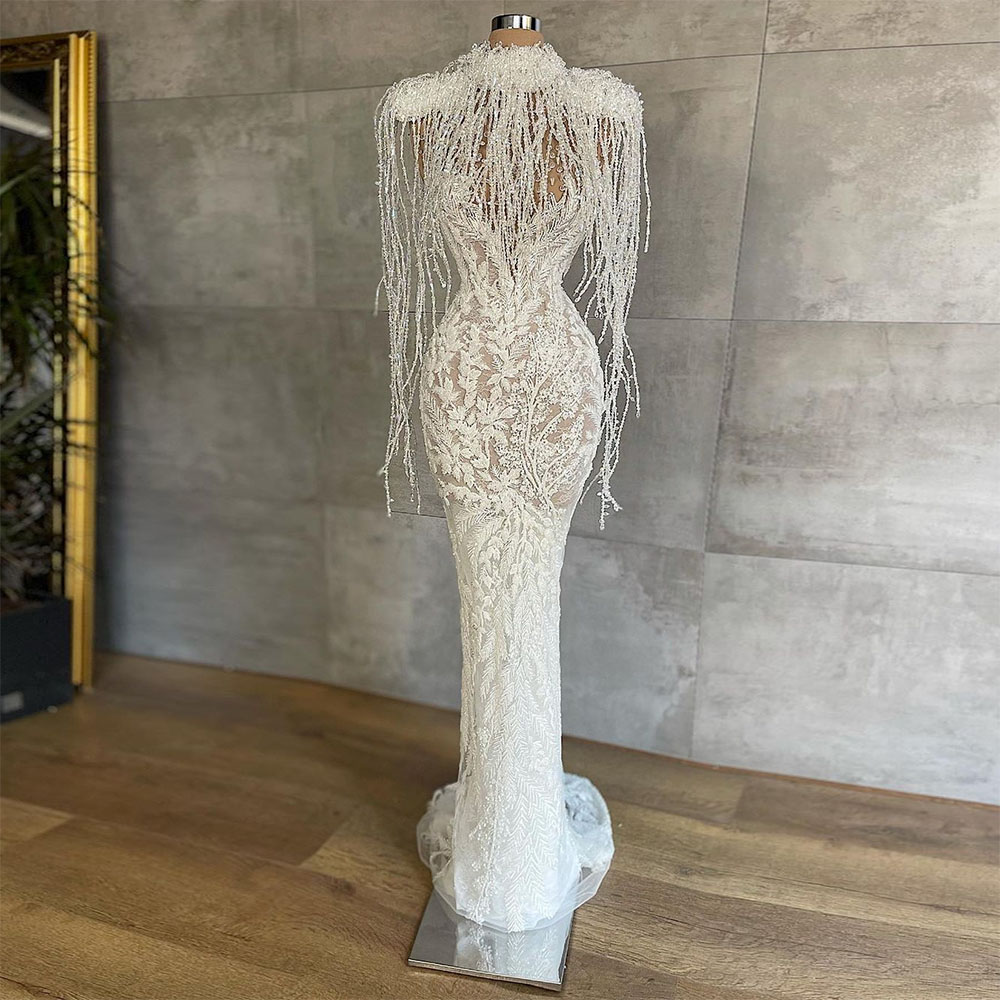 Luxury Beading Evening Dresses Crystal Tassel Women Prom Dress Lace Appliques Saudi Arabic Formal Robe De Soriee