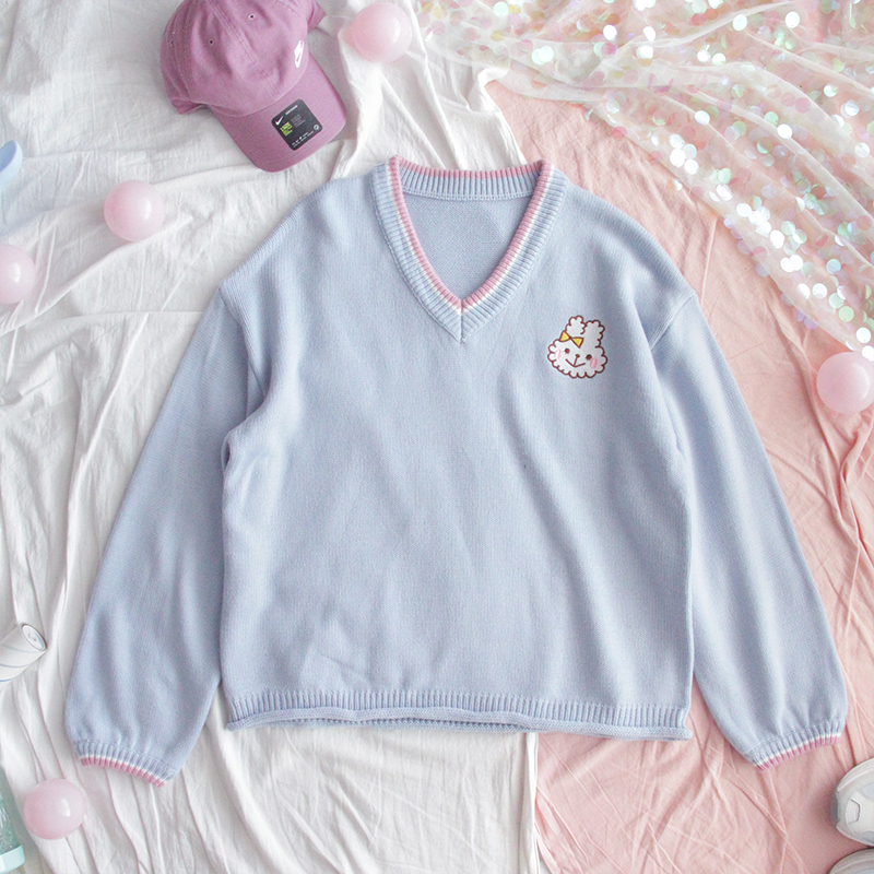 Harajuku Women's Sweater Cute Knit Winter Women Sweater Long Sleeves Pullover Women V-neck Soft Warm Female Sweater 201023