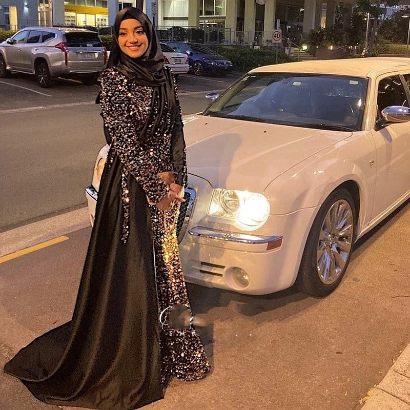 Glitter Sequin Mermaid One Shoulder Muslim Evening Dresses Long Sleeves 2022 Luxury Abaya Dubai Arabic fishtail prom dress wear