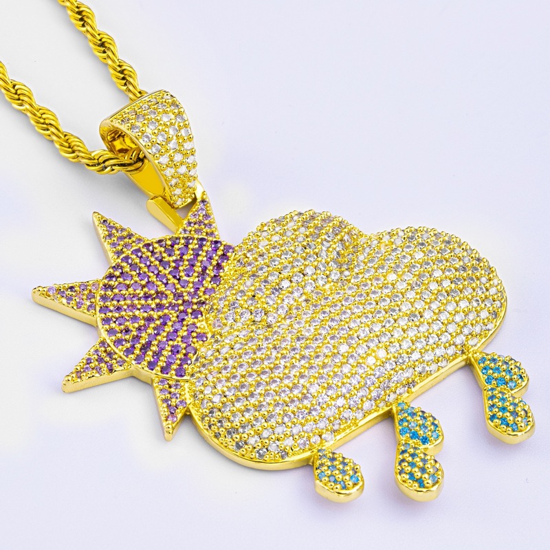 Iced Out Full Zircon Sun Cloud Rain Pendant Necklace with Free Rope Chain Gold Sier Plated Mens Women Hip Hop Jewelry Gift