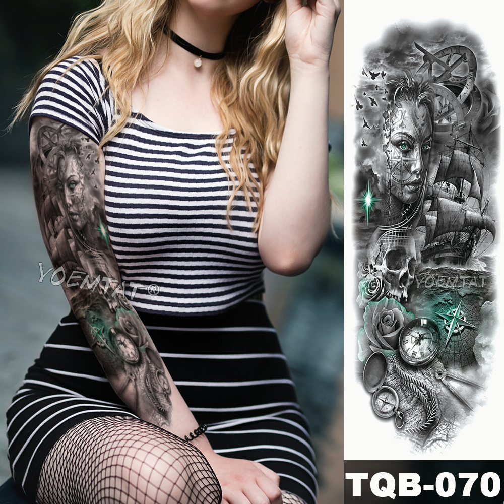 Large Arm Sleeve Tattoo Midnight Leopard Beauty Girl Waterproof Temporary Tattoo Sticker Moonlight Rose Full Skull Tatoo Women T200730