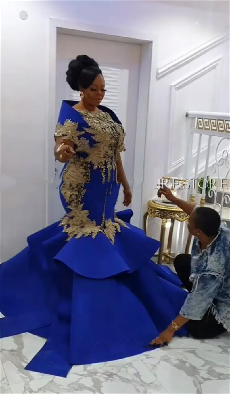 Aso Ebi Mermaid Plus Size Prom Dresses African Luxury Royal blue Beaded Lace Black Girls african Party evening Gowns
