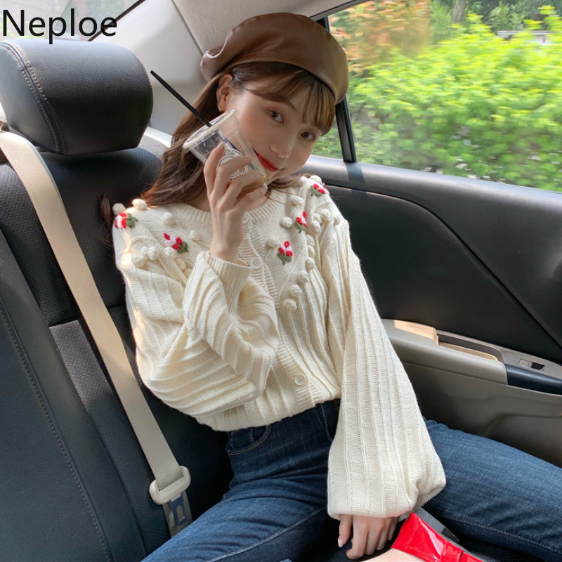 neploe elegant flower knitted cardigans women preepy style sweet chi short student pull femme o neck patch autumn sweater 46630 201111wtt