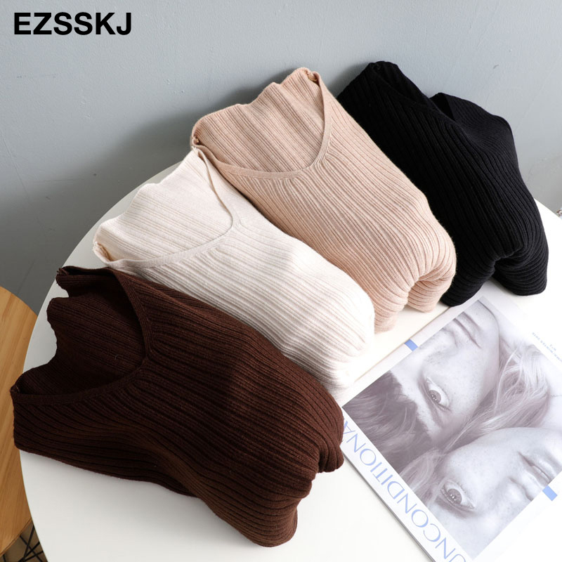 v-neck autumn winter sweater long elegant knit thick straight women loose split side casual chic dress 201110