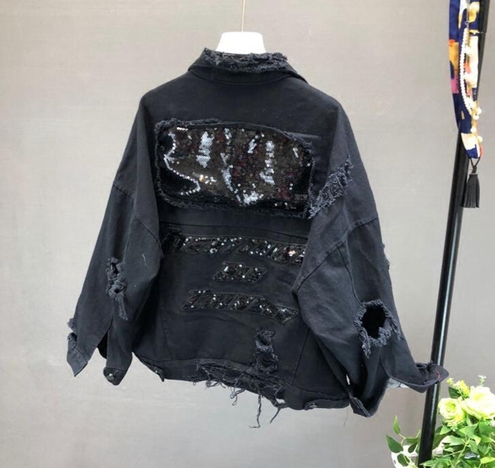 Spring Autumn Sequins Red Denim Jacket Women's Fashion Loose Short Hole Jacket Female Student BF Wind Black Jeans Coat Overcoats 201017