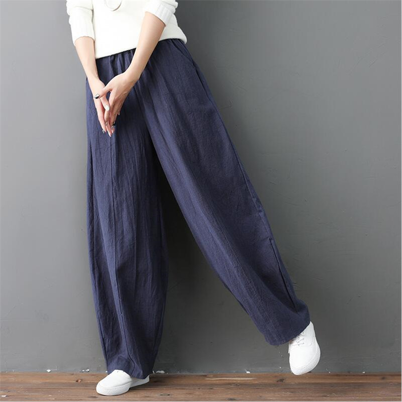 Large Size 6XL 7XL Women Summer Casual Loose Long Pants Autumn High Elastic Waist Cotton Linen Wide Leg Pants Lantern Trousers T200727