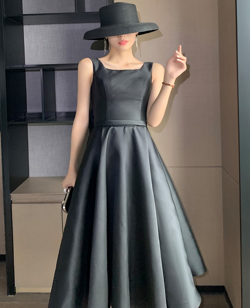 Black A-line Ankle Length Prom Dresses Abendkleider Dubai Backelss Formal Party Dress Bow Satin Simple Evening Gown robe de soiree 2022