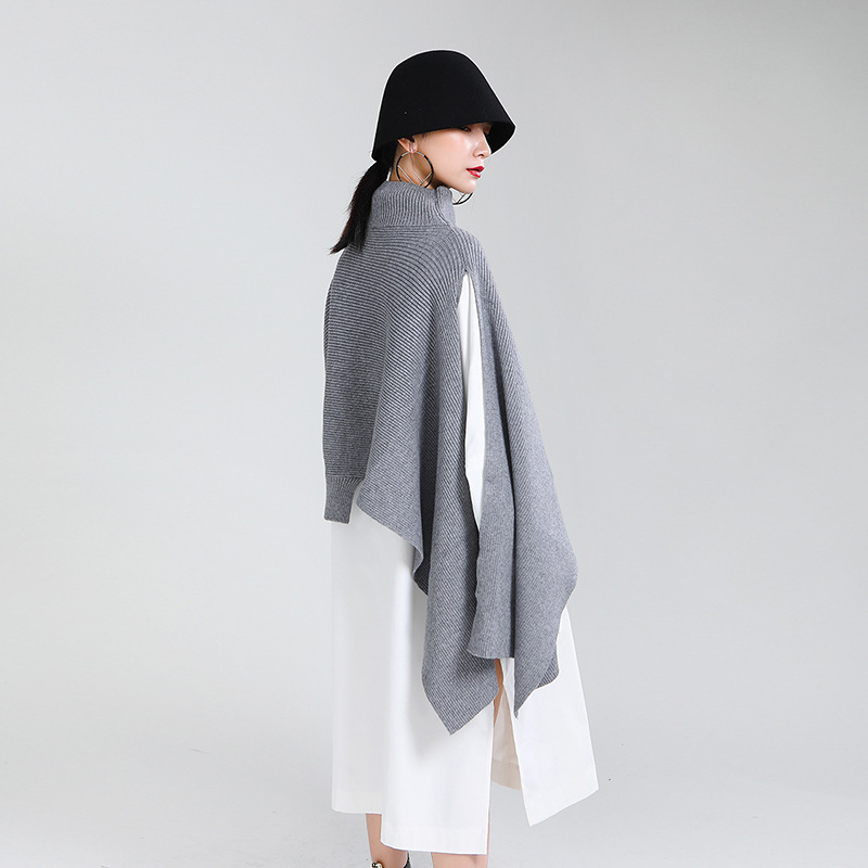 [EAM] Gray Irregular Big Size Knitting Sweater Poncho Loose Turtleneck Long Sleeve Women New Fashion Autumn Winter 2021 1Z868 210203