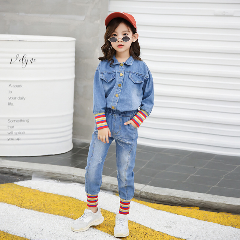 Girls Cowboy Coat+jeans Sets Spring Autumn New Children's Jeans Suit Girls Two Piece Fashion 4-6 8 10 12 Ages Baby ClothesX1019
