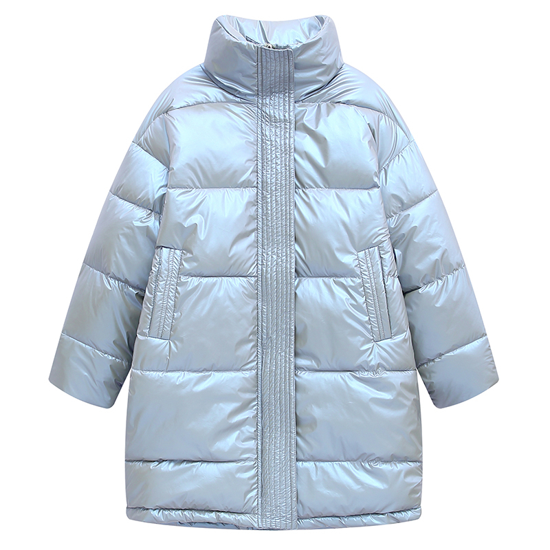 Winter Women Long Jacket Shiny Thick Oversized Female Cold Coat Stand Collar Solid Loose Cotton Padded Casual Parkas Woman 201026