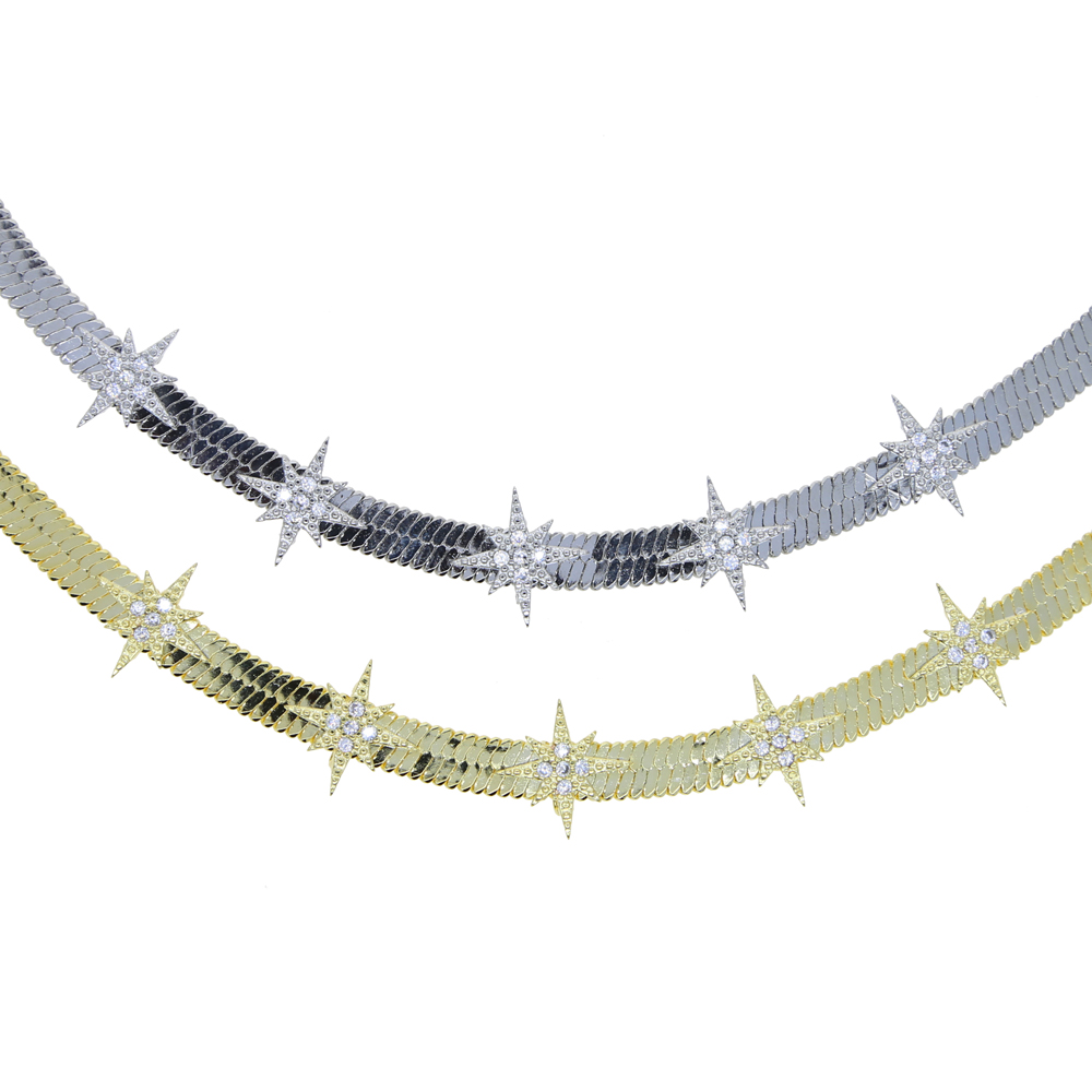 High Quality Gold Color European Women Collar Chains 5MM Width Herringbone Snake Chain CZ Star Starburst Charm Necklace