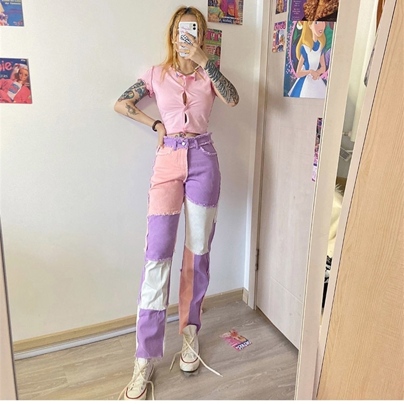 hip hop autumn patchwork Jeans women High waist Hip hop straight Jeans ladies trousers female denim for woman BluePink 201106