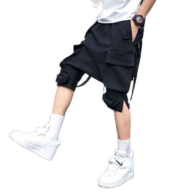 Multi Pockets Ribbons Cargo Shorts Mens Harajuku Hip Hop Drop Crotch Short Pants Korean Style Casual Shorts W220214