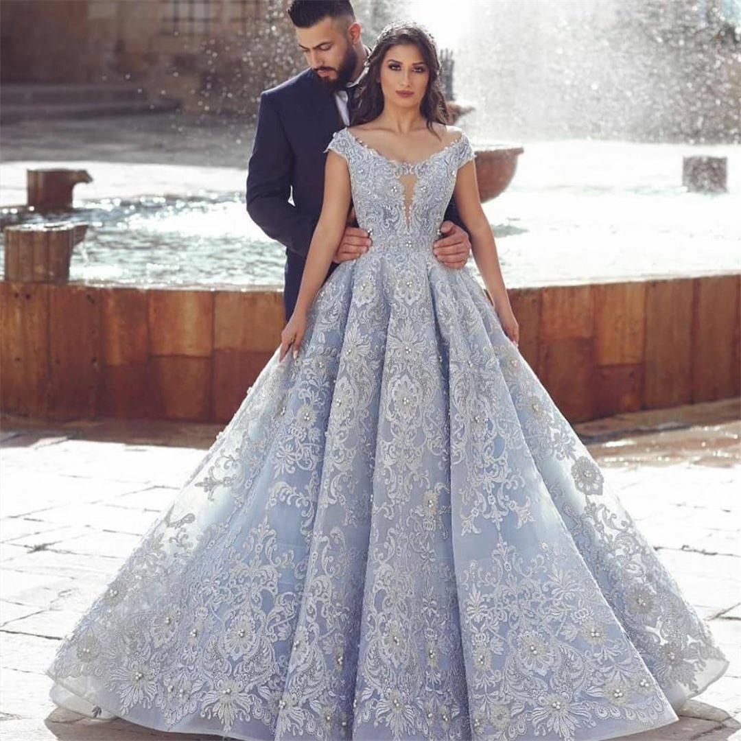2020 A Line Sky Blue Prom Dresses Cap Sleeve Lace Beaded Arabic Evening Gowns vestido de novia Muslim Special Occasion Dress