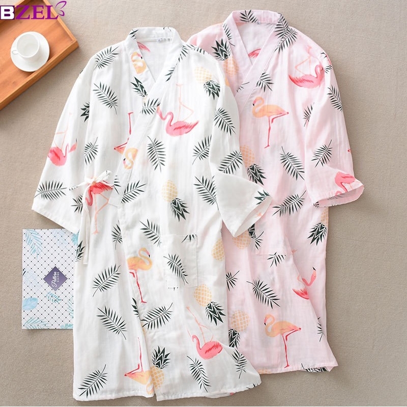 Summer Autumn 100% Cotton Robes Double Gauze Kimono Nightgown Simple Nature Flamingo Thin Section Loose Large Size Home Bathrobe 210203