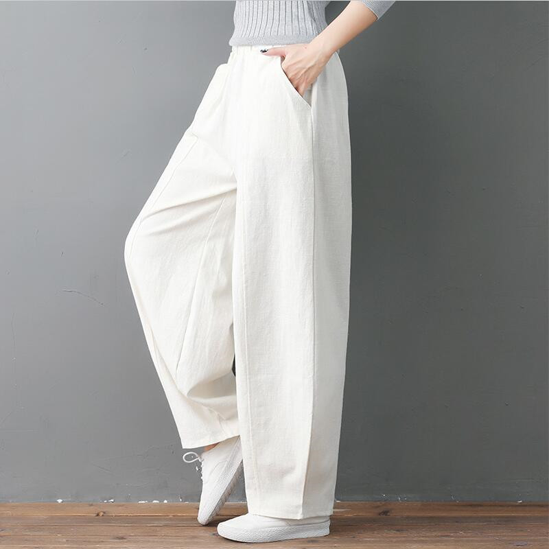 Large Size 6XL 7XL Women Summer Casual Loose Long Pants Autumn High Elastic Waist Cotton Linen Wide Leg Pants Lantern Trousers T200727