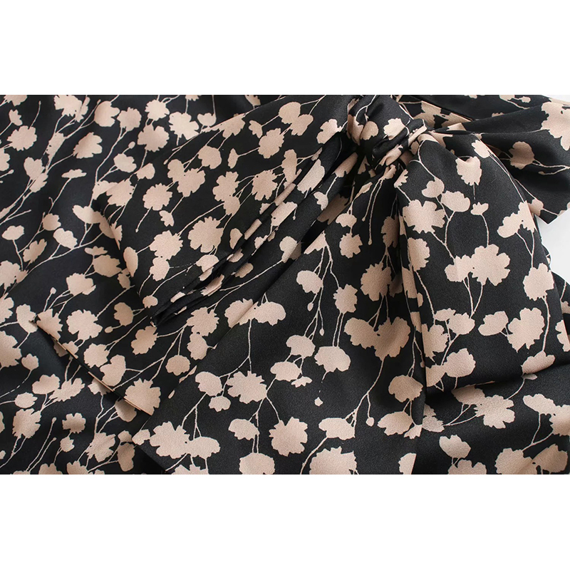 Za women dress elegant floral print mid calf stylish dress long sleeve bow tie Aline dresses female vintage slim vestidos T200320