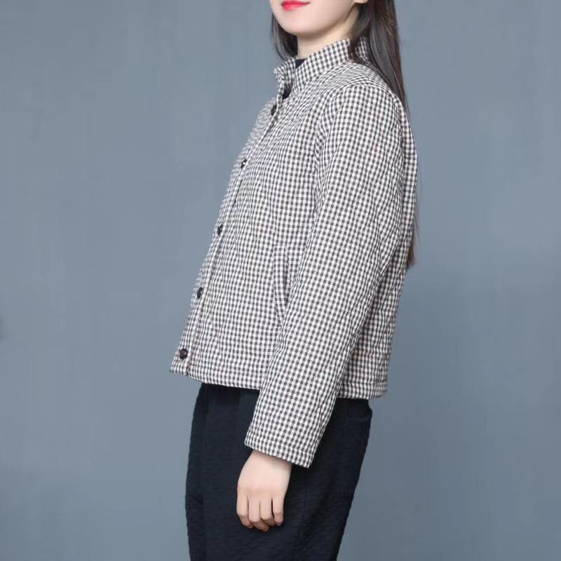 Mom's Autumn Winter Thin Coat Women Cotton Jacket Black and White Plaid Stand Collar Parkas Warm Elegant Female Outerwear office 201019