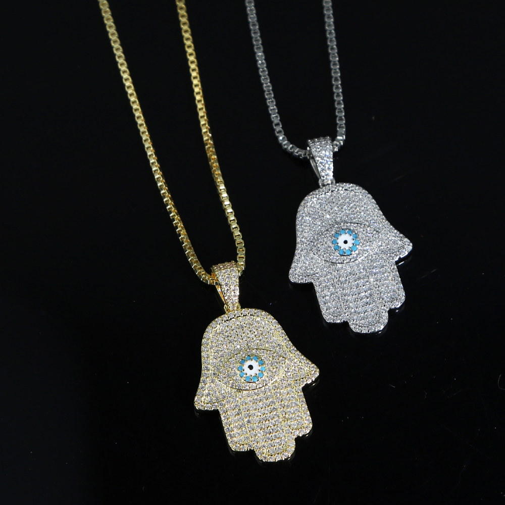 Women wholesale hip hop necklaces jewelry with blue cz paved hamsa hand charm pendant necklace with box chain paved jewelry