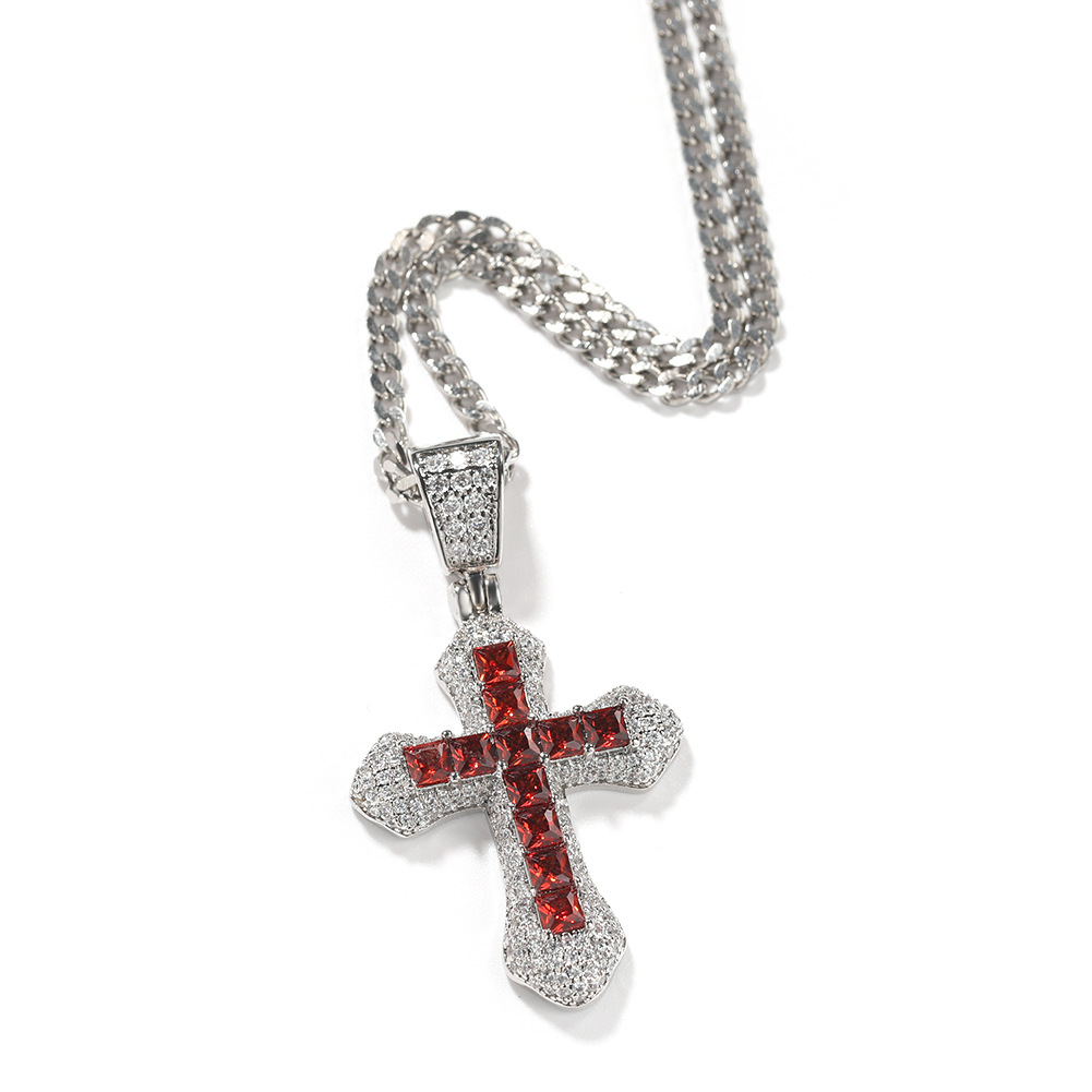 Blue Red Moissanite Cross Fashion Mens Gold Necklace Hip Hop Iced Out Pendant Necklaces Jewelry