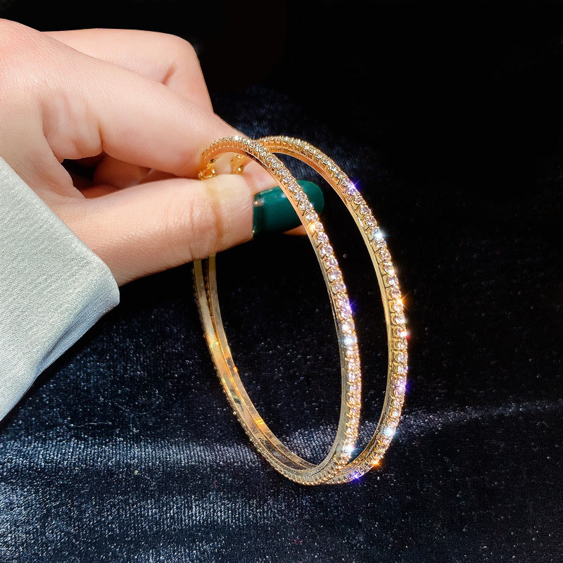 Boutique Hiphop Brand Crystal Large Hoop Earrings Gold Silver Tone Big Rhinestone Clip on Circle Earring for Women Youth Personality Party Wedding Jew