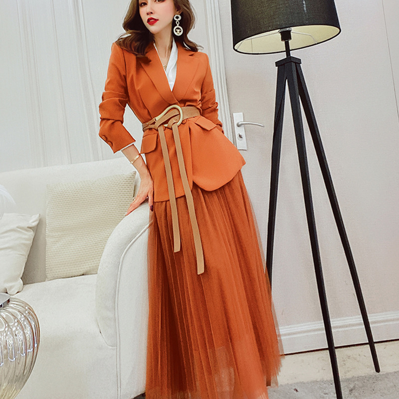 Two Piece Fashion Suit Newest Female Jacket Mesh Dresses With Modern Belt Goddess Workplace Formal Wear Prom Dresses In Stock Fast Shipping