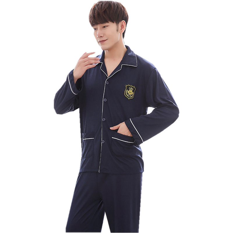 Spring Knitted Mens Pajama Set Cardigan Fold-down Collar Middle-aged Tracksuit Autumn MEN'S Wear Long Sleeve Pajamas 201109