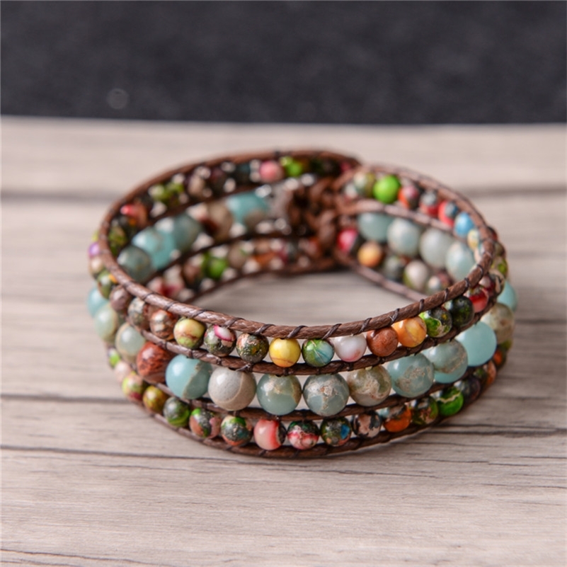 Drop Women Boho Three Layer Round Shape Emperor Stone Single Leather Wrap Friendship Beaded Bracelet Y200918