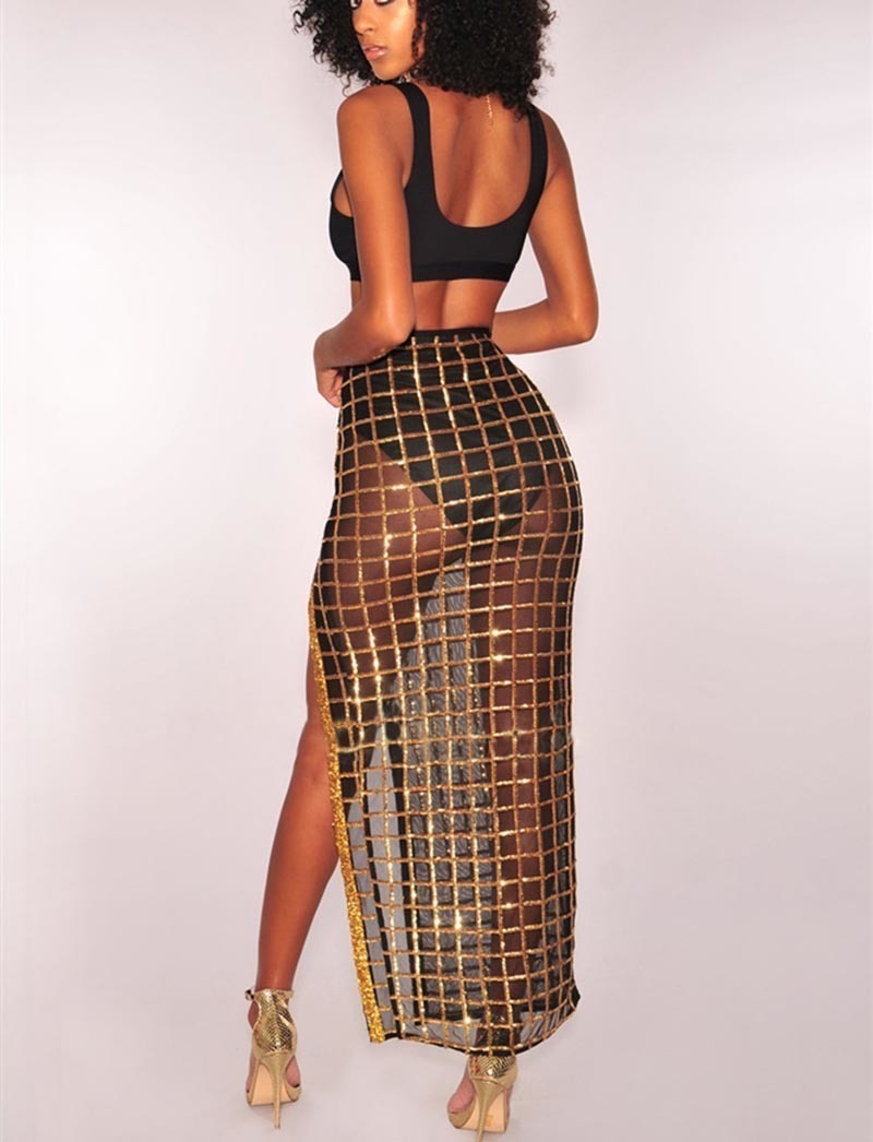 Beyprern Shiny Sequined Mesh TwoPiece Skirt Set Kim Kardashian Outfit Styles Women Bra Crop TopGorgeous Sheer Skirt Clubwears T200325