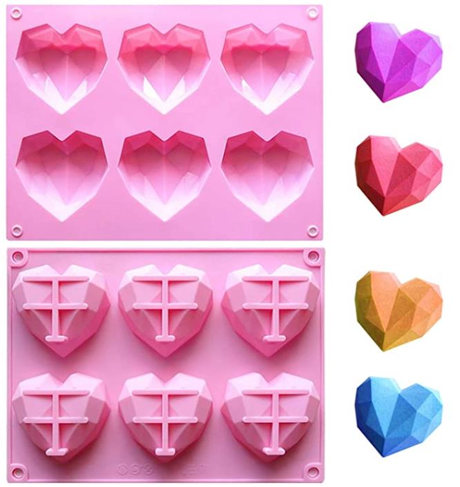 

6 Cavity 3D Diamond Heart Shape Mould 100% Food-Grade Silicone Dessert Mold Non-Stick Easy Release Mold Cake Candy Ice Cube Soap Tray
