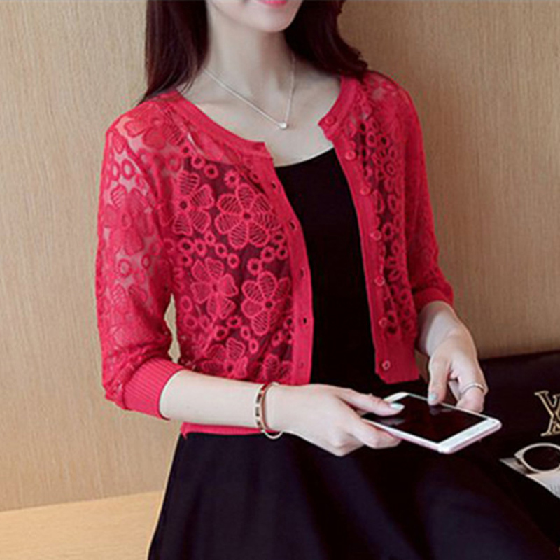 Sexy Lace Cardigan Sweater Women Knit Cardigan Women Summer Thin Sweater Female Korean Slim Button Cardigan Female Plus Size 201222