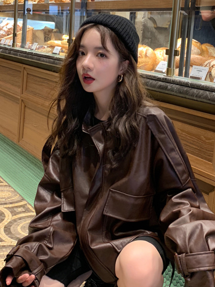 Lautaro oversized leather jacket women long sleeve Brown black loose faux leather jackets women Autumn plus size fashion 201020
