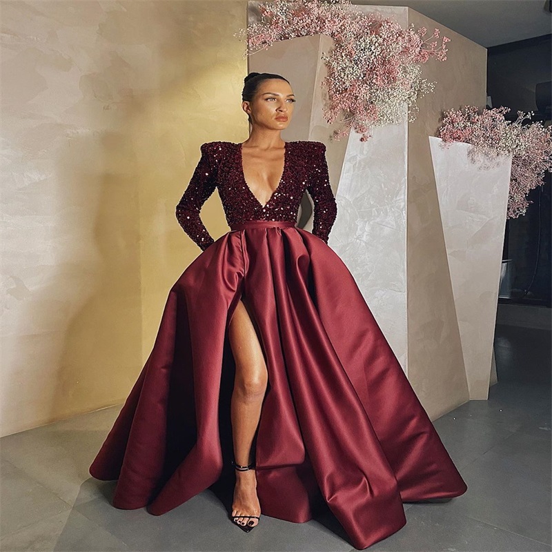 Luxury Red Prom Dresses Sexy V Neck Glitter Sequins Beads Ruffles Satin Evening Dresses Long Sleeves Custom Made Party Dress