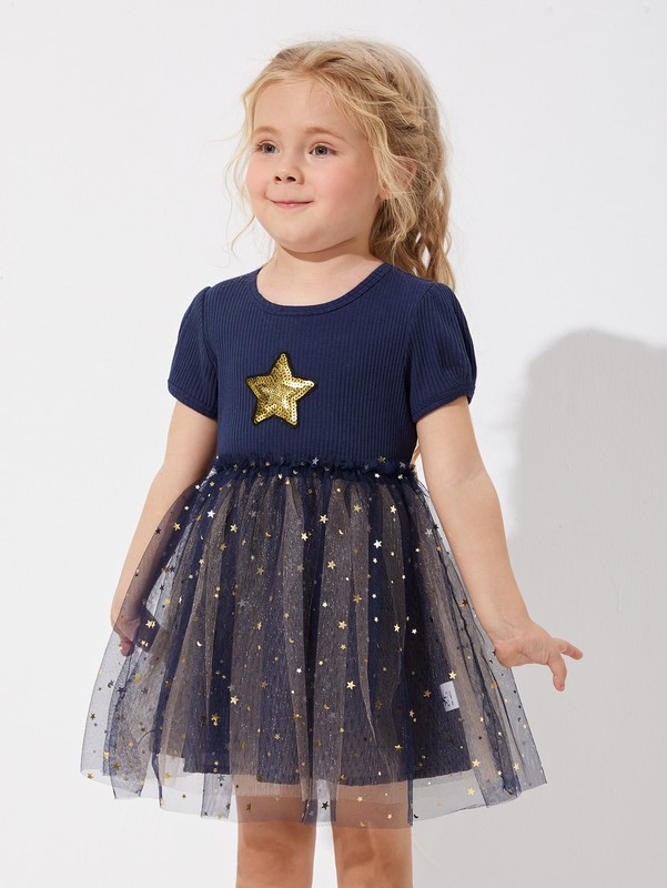 Toddler Girls Star Print Mesh Panel Puff Sleeve Dress SHE