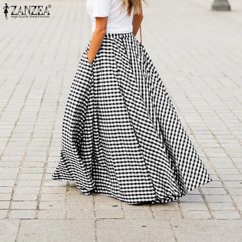Women's Skirts ZANZEA Vintage Plaid Check Long Skirt Zipper Pleated Faldas Bohemian Jupe Femme Casual Pockets Maxi Skirts T200324