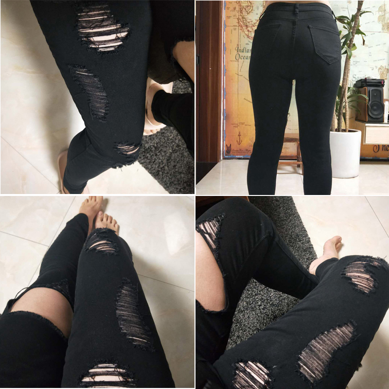 Black Ripped Jeans For Women Denim Pencil Pants Trousers High Waist Stretch Skinny Jeans Torn Jeggings Plus Size Clothing T200608