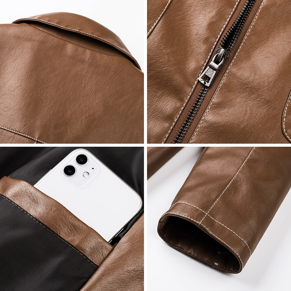 TFU Men Autumn Winter Business Casual TurtleNeck Fleece Leather Jacket Coat Men Spring Pockets Faux PU Leather Jackets 201128