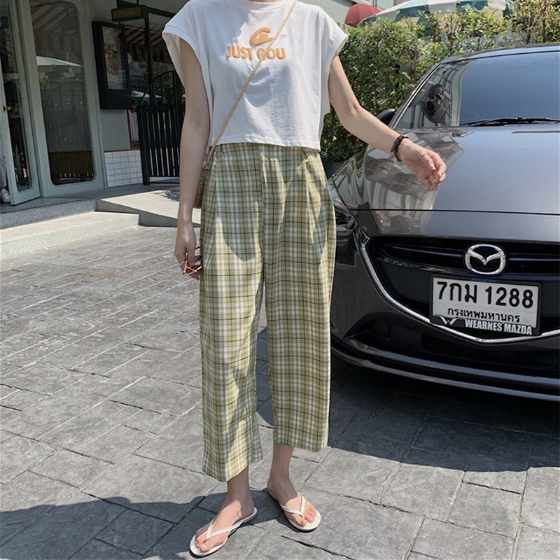 HOUZHOU Summer Checkered Pant Plaid Pants Korean Style Wide Leg Casual Loose High Waist Straight Trousers 201109