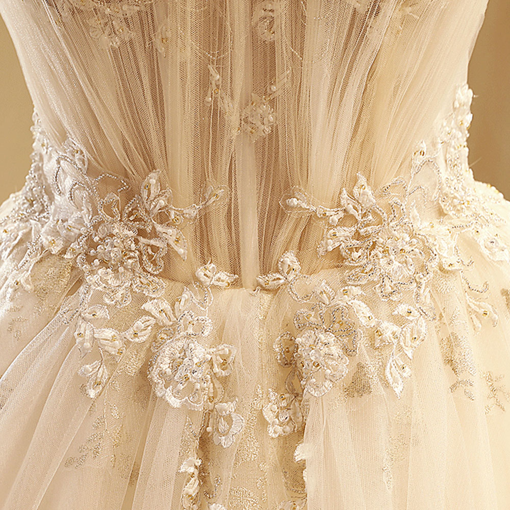 Pearls Flower Appliques Lace Prom Dress Spaghetti Strap A-Line Lace Up Vestido De Novia Floor Length Custom Made Bridal Dress