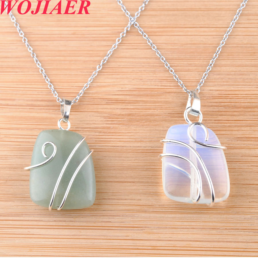 WOJIAER Natural Stone Trapezoidal Pendant Healing Silver-color Wire Wrap Crystal Pink Quartz Necklaces Jewelry for Women DBO914